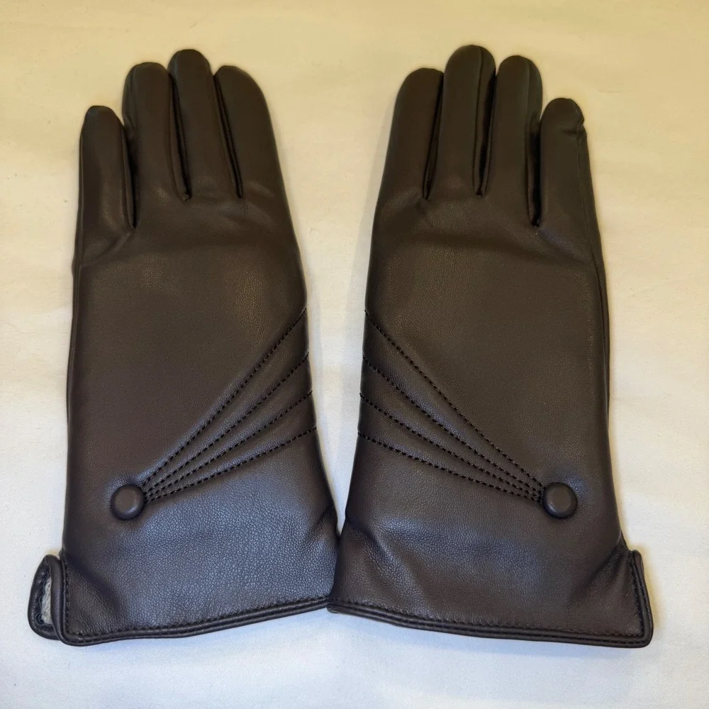 ISHI Coffee Brown Leather Gloves Women Small Button Detail Knit‎ Lined Winter